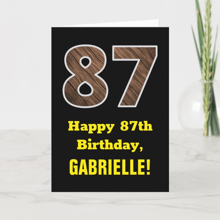 87th Birthday Name, Faux Wood Grain Pattern "87" Card Zazzle