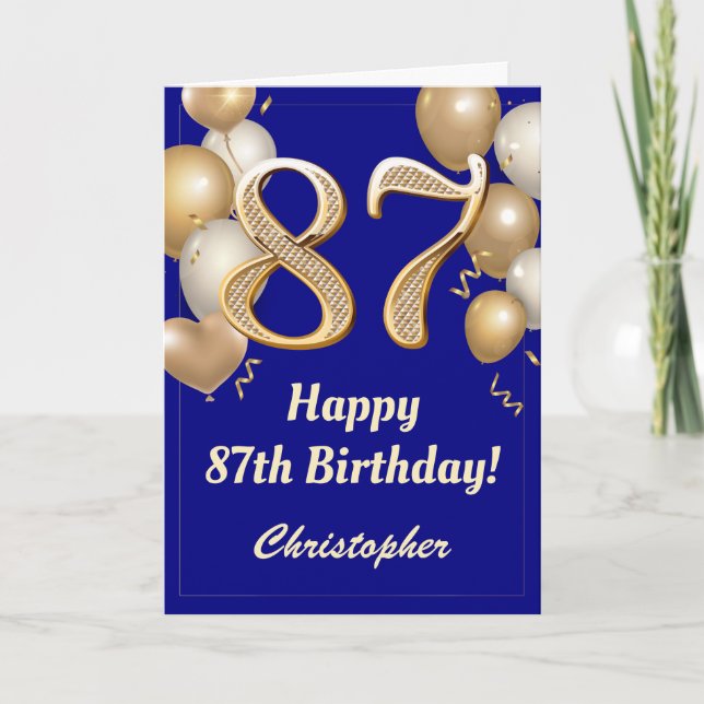 87th Birthday Navy Blue and Gold Balloons Confetti Card (Front)