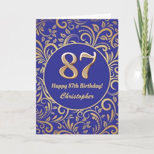 87th Birthday Navy Blue and Gold Floral Pattern Card