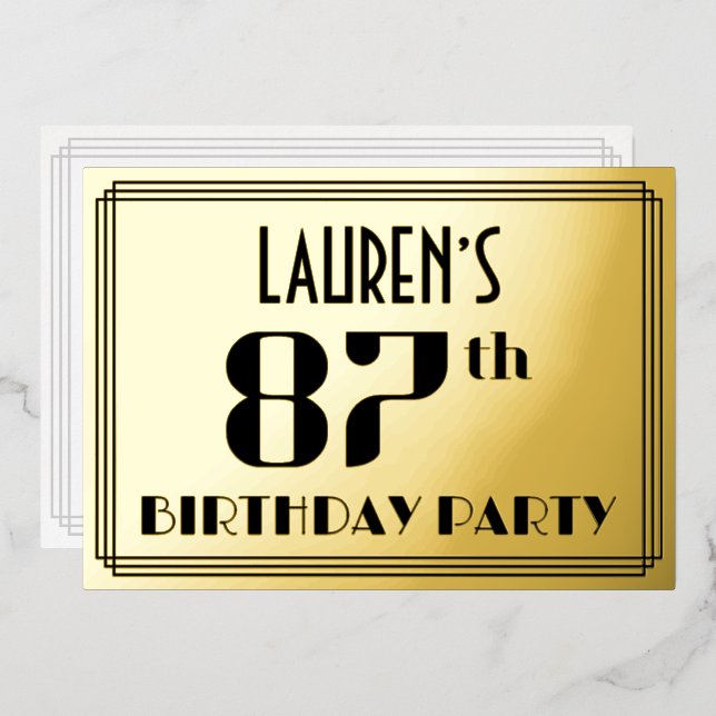 87th Birthday Party: Art Deco Look “87” and Name Foil Invitation (Front/Back)