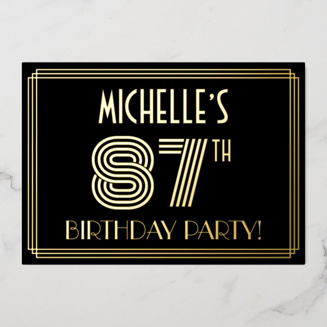 87th Birthday Party — Art Deco Style “87” + Name Foil Invitation (Front)