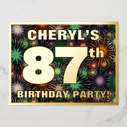 87th Birthday Party Bold Colorful Fireworks Look Foil Invitation Postcard