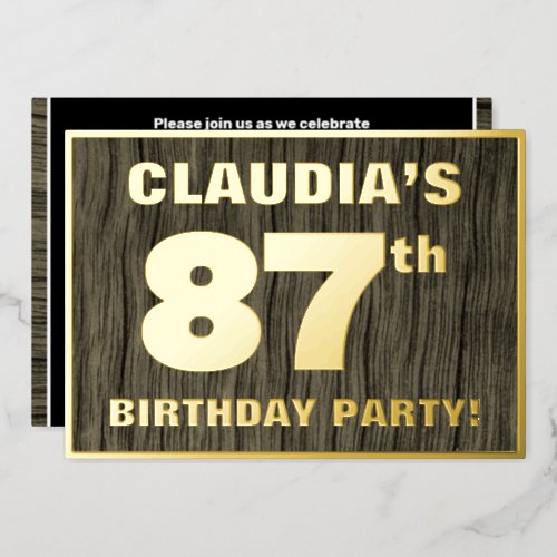 87th Birthday Party Bold Faux Wood Grain Pattern Foil Invitation