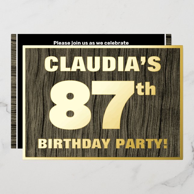 87th Birthday Party: Bold, Faux Wood Grain Pattern Foil Invitation (Front/Back)