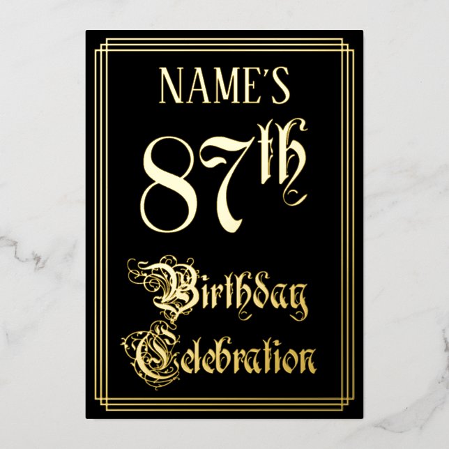 87th Birthday Party — Fancy Script & Custom Name Foil Invitation (Front)