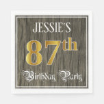 [ Thumbnail: 87th Birthday Party — Faux Gold & Faux Wood Looks Napkins ]