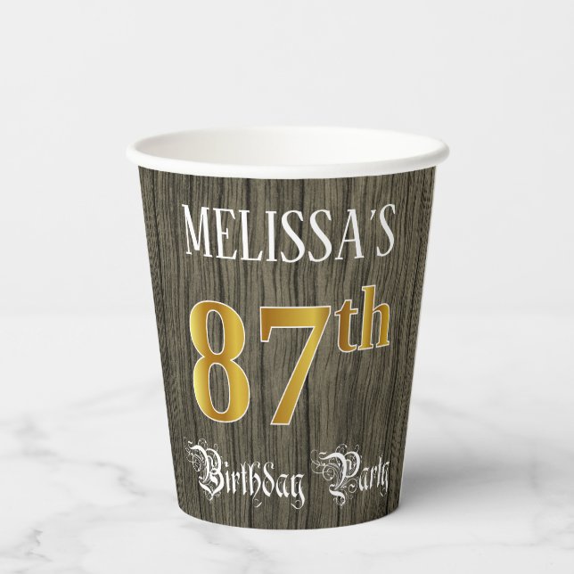 87th Birthday Party — Faux Gold & Faux Wood Looks Paper Cups (Back)