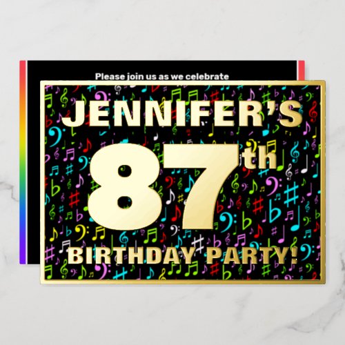 87th Birthday Party  Fun Colorful Music Symbols Foil Invitation
