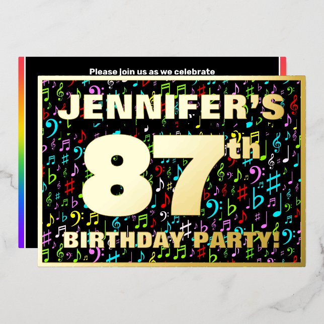 87th Birthday Party — Fun, Colorful Music Symbols Foil Invitation (Front/Back)