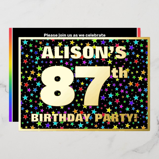 87th Birthday Party — Fun, Colorful Stars Pattern Foil Invitation (Front/Back)