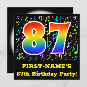87th Birthday Party: Fun Music Symbols, Rainbow 87 Invitation