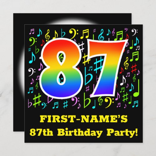 87th Birthday Party Fun Music Symbols Rainbow 87 Invitation