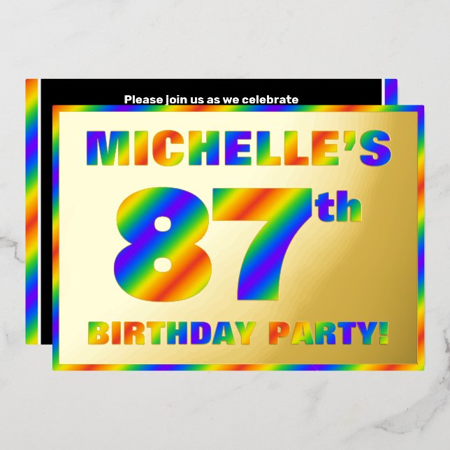 87th Birthday Party — Fun, Rainbow Spectrum “87” Foil Invitation (Front/Back)