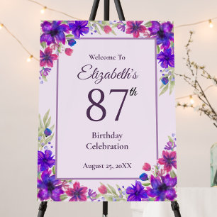 87th Birthday Purple Floral Welcome Sign
