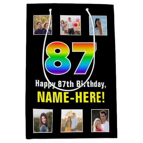 87th Birthday Rainbow âœ87âœ Custom Photos  Name Medium Gift Bag