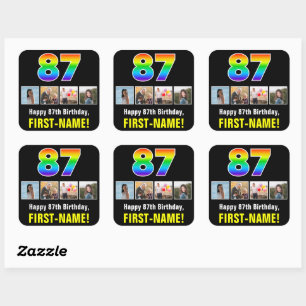87th Birthday: Rainbow “87”; Custom Photos & Name Square Sticker