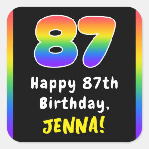 87th Birthday: Rainbow Spectrum # 87, Custom Name Square Sticker