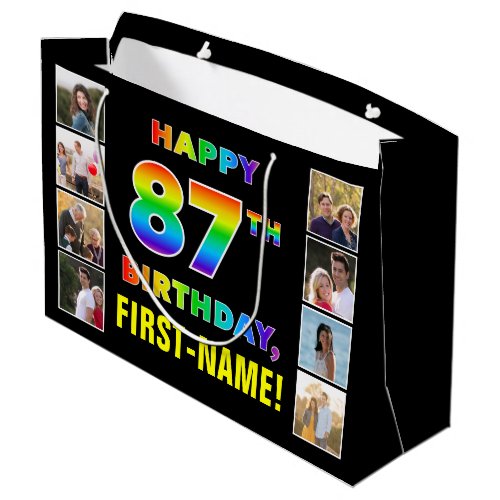 87th Birthday Rainbow Text Custom Photos  Name Large Gift Bag
