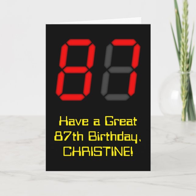 87th Birthday: Red Digital Clock Style "87" + Name Card (Front)