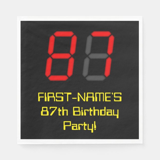87th Birthday: Red Digital Clock Style "87" + Name Napkins (Front)