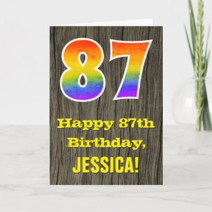 87th Birthday: Rustic Faux Wood Look, Rainbow "87" Card