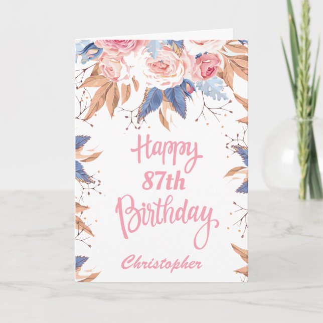 87th Birthday Watercolor Botanical Pink Floral Card (Front)