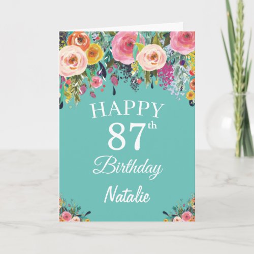 87th Birthday Watercolor Floral Flowers Teal Card