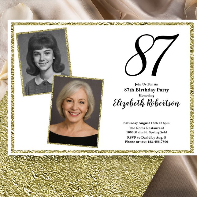 87th Custom Photo White and Gold  Invitation (Creator Uploaded)