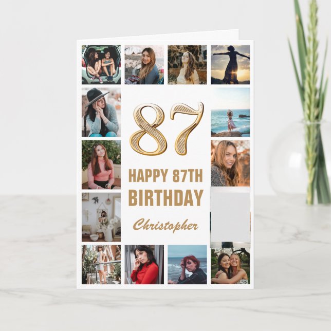 87th Happy Birthday Gold and White Photo Collage Card (Front)