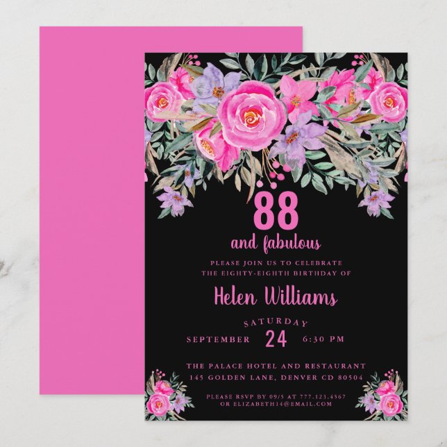 88 and fabulous black pink 88th birthday invitation (Front/Back)