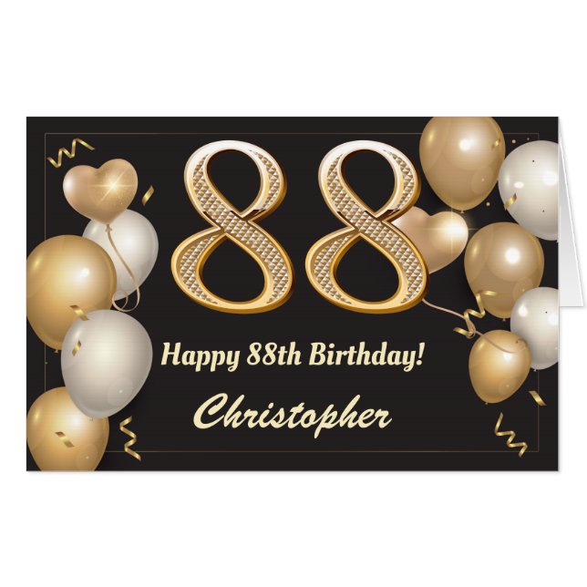 88th Birthday Black and Gold Balloons Extra Large Card (Front Horizontal)