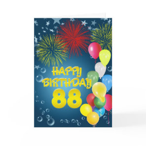 88th Birthday card with fireworks and balloons