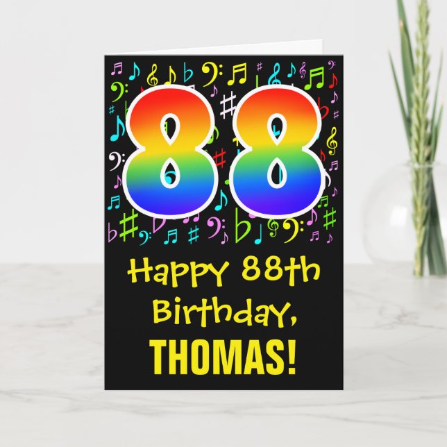 88th Birthday: Colorful Music Symbols + Rainbow 88 Card (Front)
