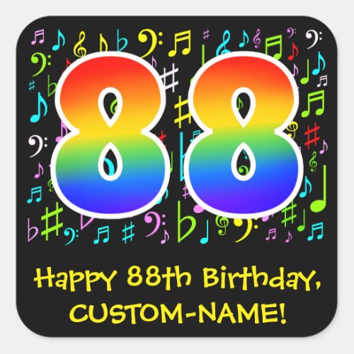 88th Birthday Colorful Music Symbols Rainbow 88 Square Sticker