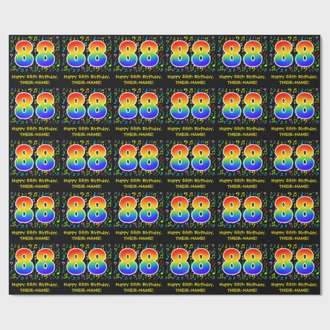 88th Birthday: Colorful Music Symbols, Rainbow 88 Wrapping Paper (Flat)