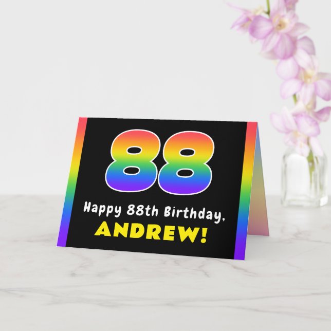 88th Birthday: Colorful Rainbow # 88, Custom Name Card (Orchid)