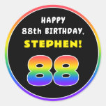 [ Thumbnail: 88th Birthday: Colorful Rainbow # 88, Custom Name Round Sticker ]