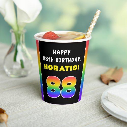 88th Birthday Colorful Rainbow  88 Custom Name Paper Cups