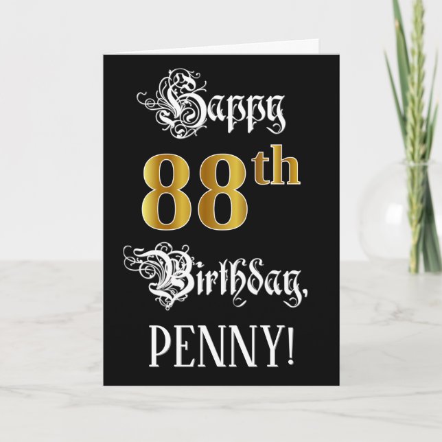 88th Birthday — Fancy Script; Faux Gold Look; Name Card (Front)