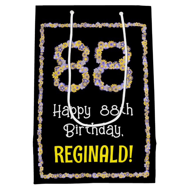88th Birthday: Floral Flowers Number, Custom Name Medium Gift Bag (Back)