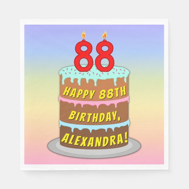 88th Birthday: Fun Cake and Candles + Custom Name Napkins (Front)
