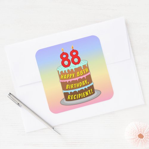 88th Birthday Fun Cake and Candles  Custom Name Square Sticker
