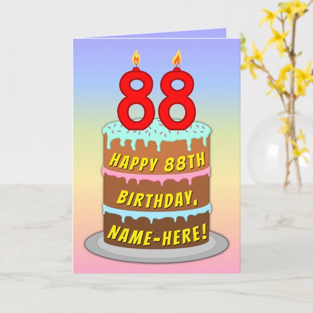 88th Birthday — Fun Cake & Candles, w/ Custom Name Card (Yellow Flower)