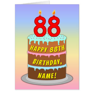 88th Birthday: Fun Cake & Candles, w/ Custom Name Card