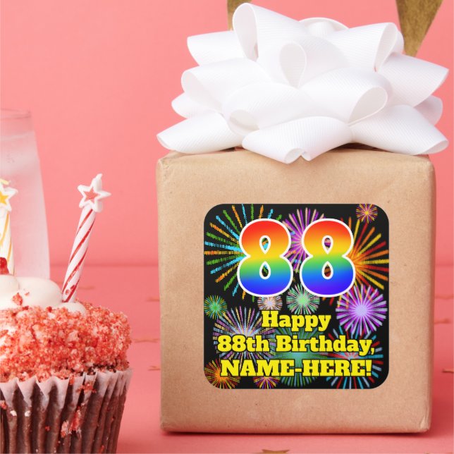 88th Birthday: Fun Fireworks Look, Rainbow # 88 Square Sticker (Party)