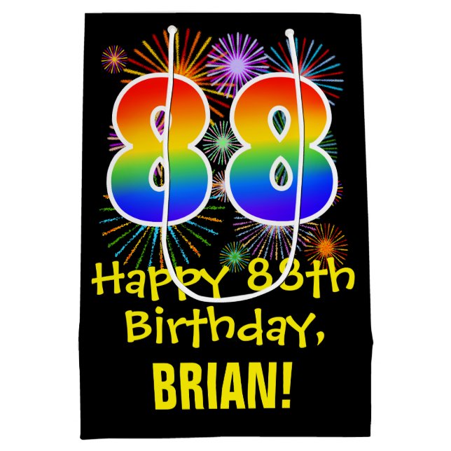 88th Birthday: Fun Fireworks Pattern + Rainbow 88 Medium Gift Bag (Back)
