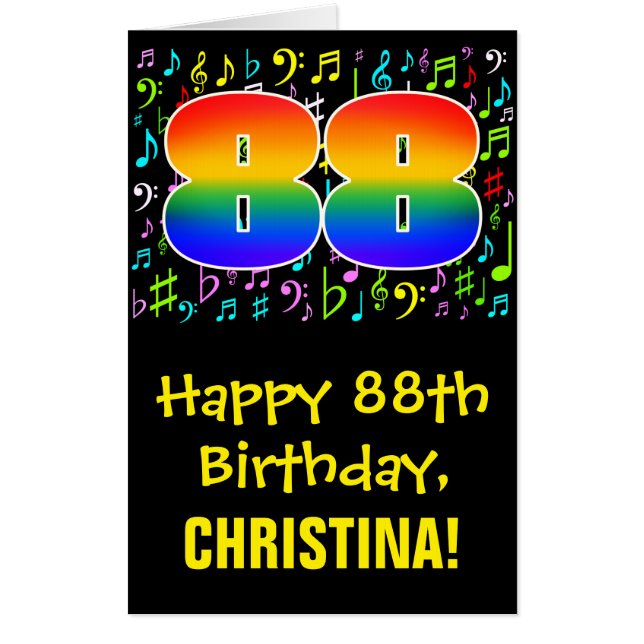 88th Birthday: Fun Music Symbols + Rainbow # 88 Card (Front)