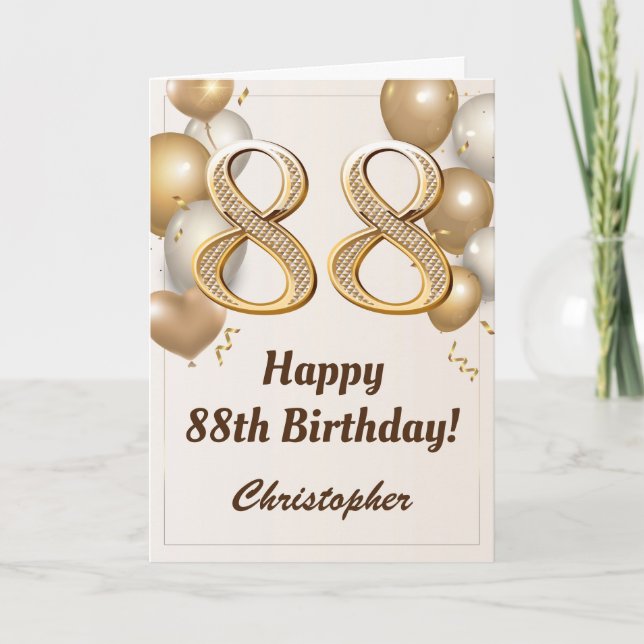 88th Birthday Gold Balloons and Confetti Birthday Card (Front)