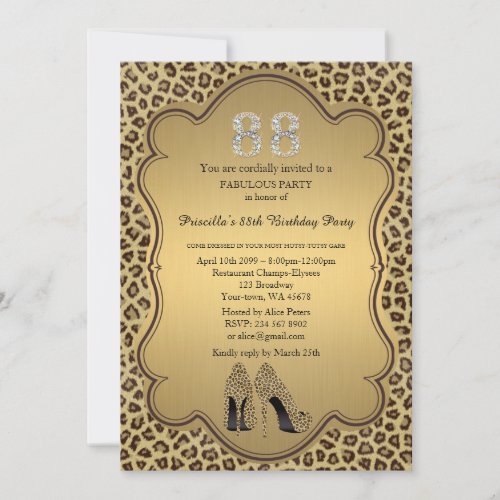 88th Birthday invitation numbers diamondsCheetah Invitation