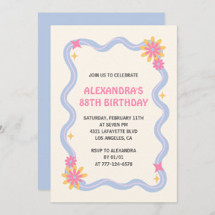 88th birthday invitation Retro Groovy Blue